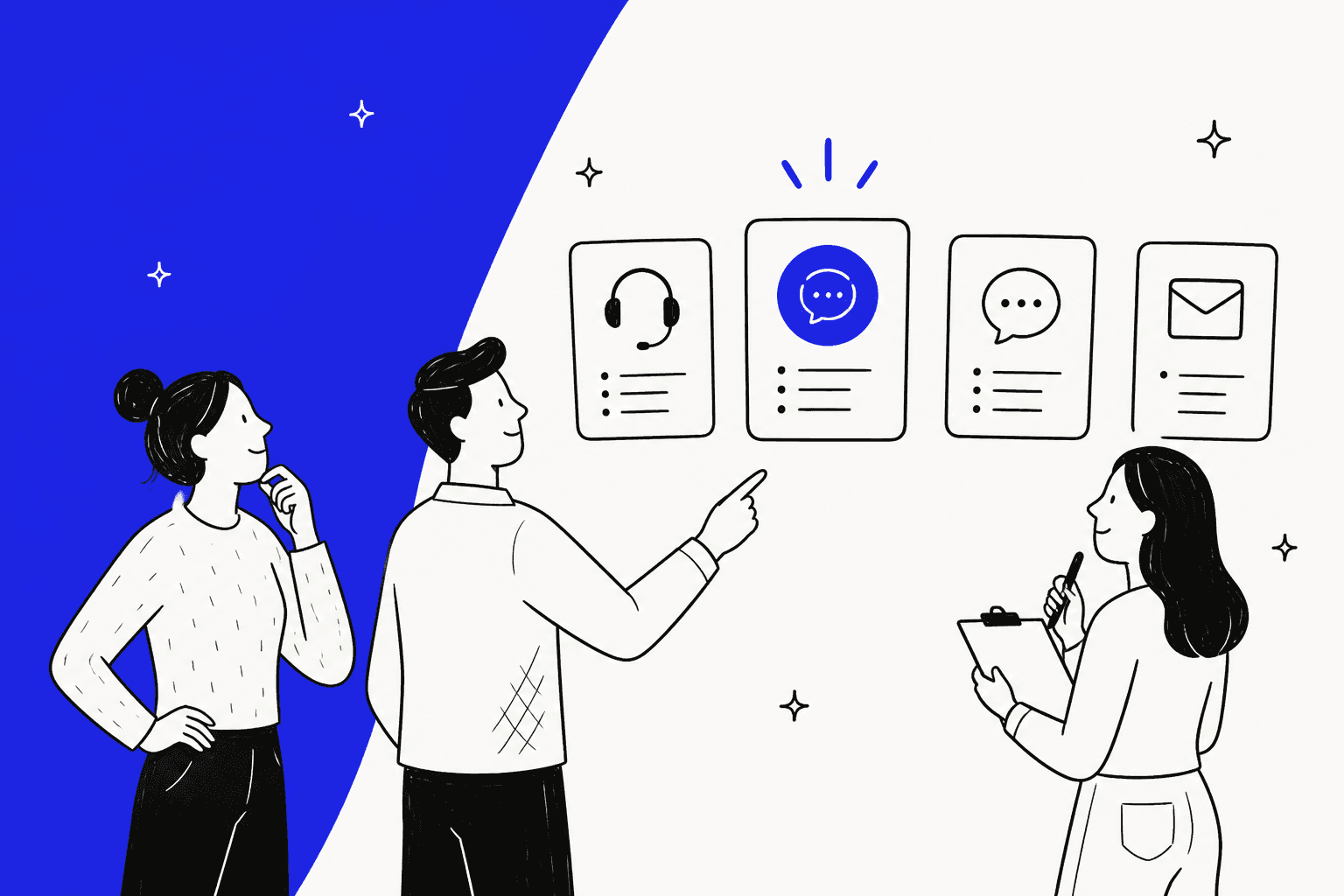 Hand-drawn team of three comparing four cards for a headset, a chat bubble, a speech bubble and an email on a bright blue background