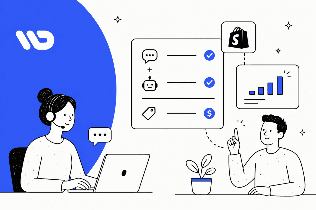 Willdesk pricing hero banner, a hand-drawn support agent with a headset at a laptop and a colleague pointing at a price card that lists live chat, an AI bot and a price tag, beside a Shopify bag and a growing bar chart on a bright blue shape