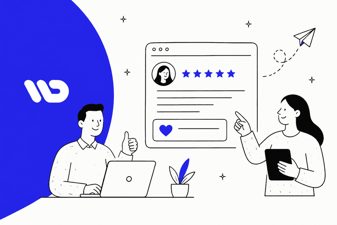Willdesk review hero banner in Willdesk indigo, a store owner at a laptop giving a thumbs up and a colleague pointing at a five-star review card, with the Willdesk logo on a large indigo shape