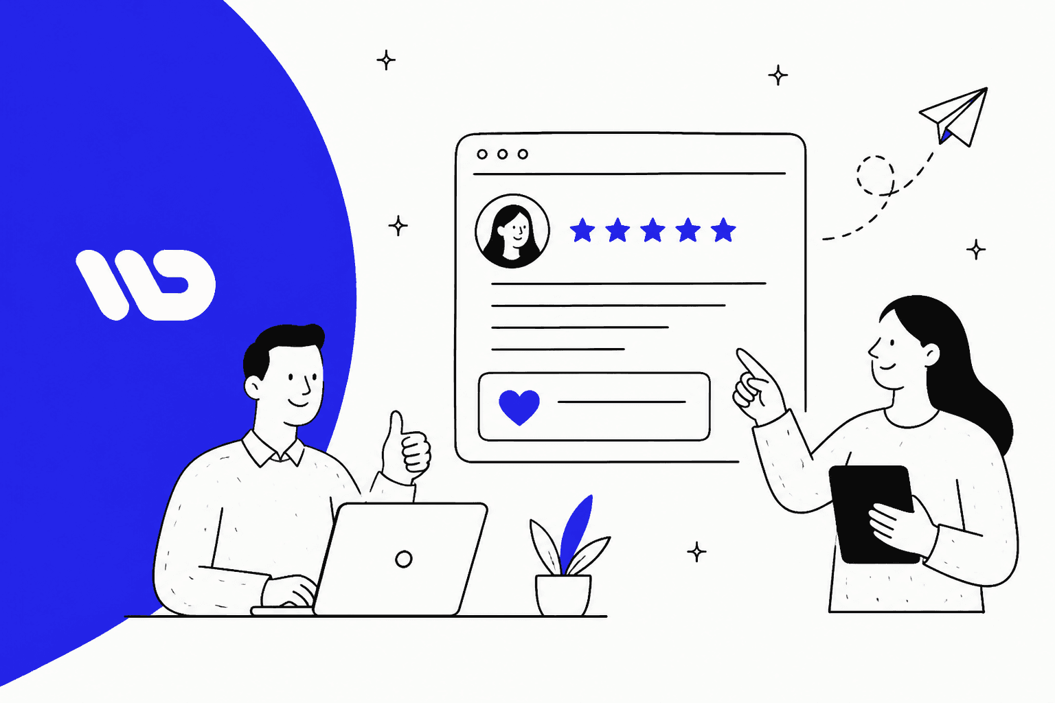 Willdesk review hero banner in Willdesk indigo, a store owner at a laptop giving a thumbs up and a colleague pointing at a five-star review card, with the Willdesk logo on a large indigo shape
