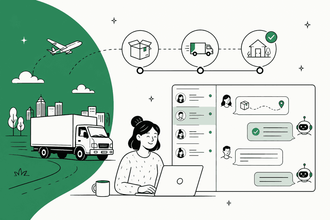 Hand-drawn illustration of a support agent at a laptop with a chat inbox answering order questions, beside a delivery truck and an order timeline from packed to in transit to delivered