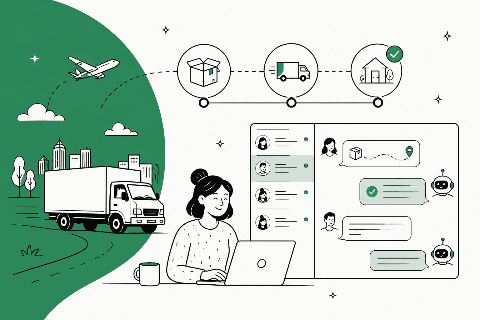 Hand-drawn illustration of a support agent at a laptop with a chat inbox answering order questions, beside a delivery truck and an order timeline from packed to in transit to delivered