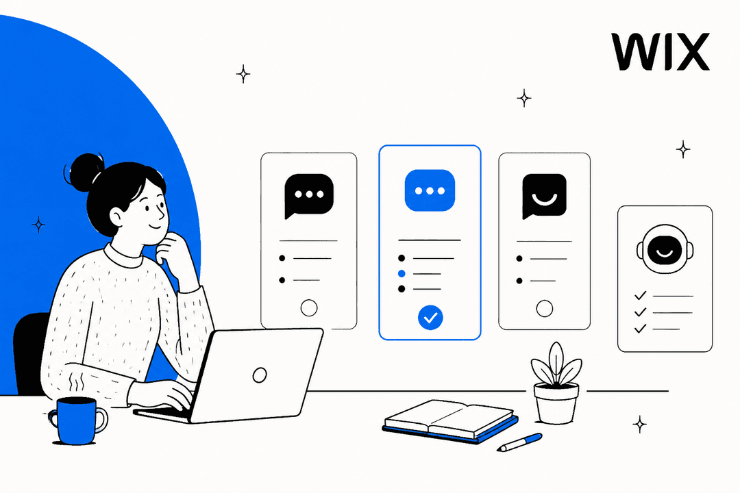 Hand-drawn hero banner with the Wix logo, a woman at a laptop weighing four website chat options shown as cards, one of them ticked in Wix blue