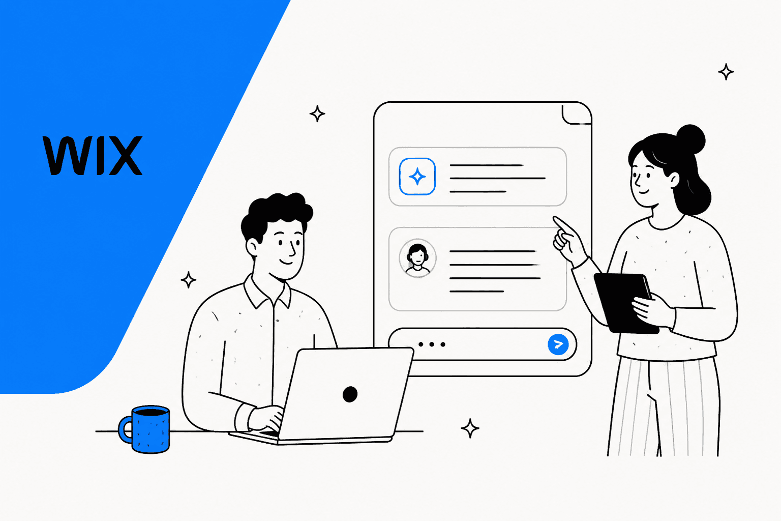 Wix Smart Chat review hero banner, a hand-drawn man at a laptop and a woman with a tablet pointing at a chat window with an AI reply and a person reply, next to the Wix logo on a blue and off-white background