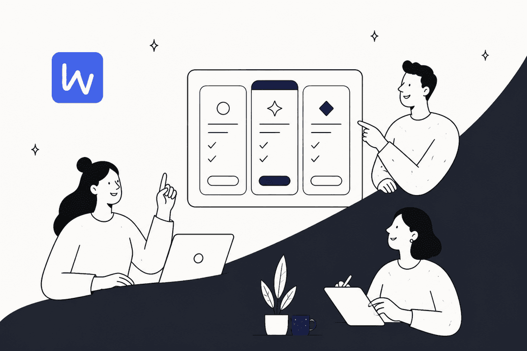 A hand-drawn illustration of three people discussing pricing plan cards for a Worknet AI pricing guide