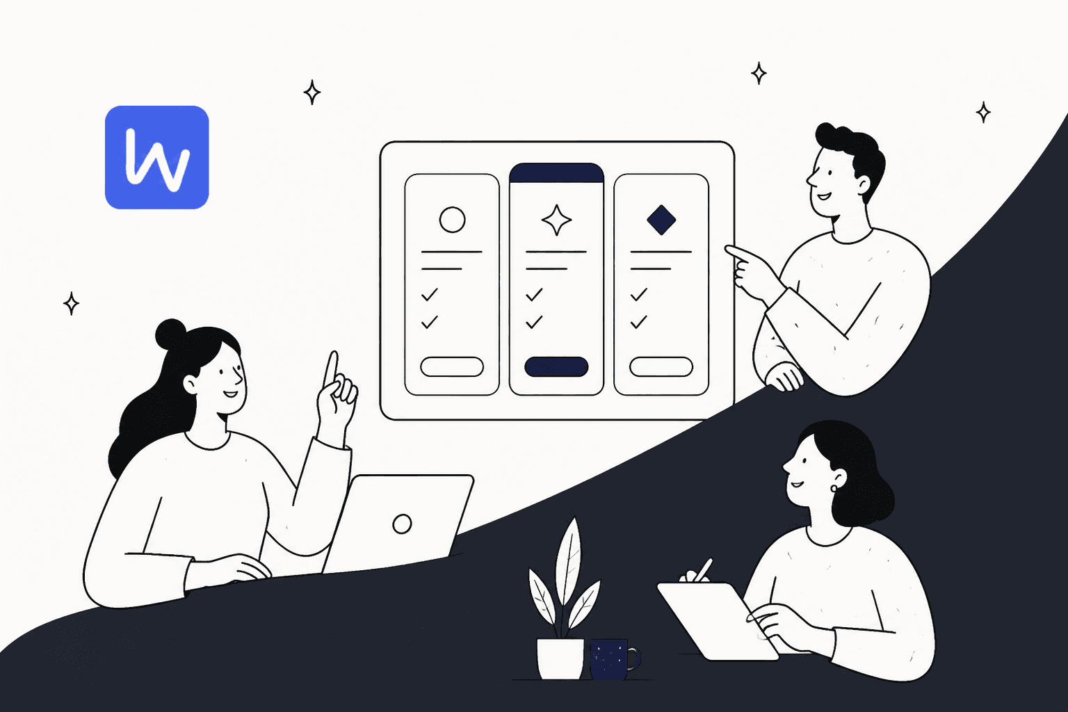 A hand-drawn illustration of three people discussing pricing plan cards for a Worknet AI pricing guide