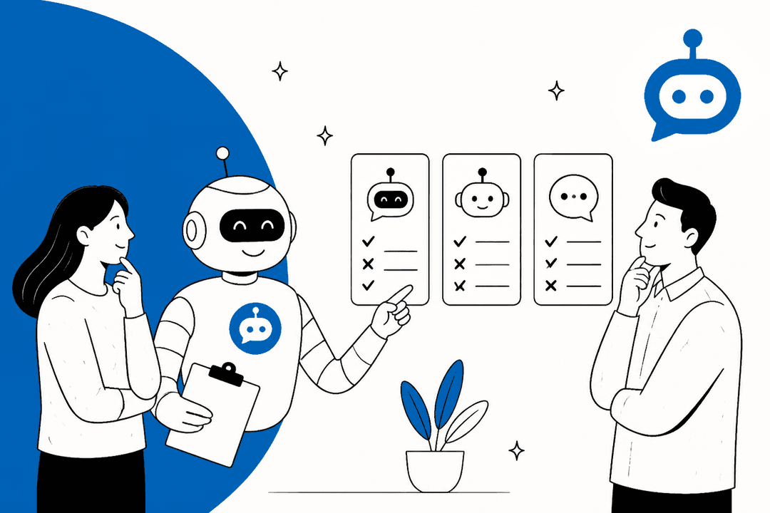 WPBot alternatives hero banner with the WPBot chat logo, a friendly robot pointing at three chatbot option cards with checks and crosses, and two people weighing the choice