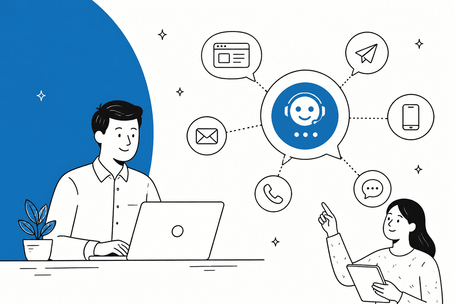 Hero-Banner zu den WPBot-Preisen: eine handgezeichnete Person am Laptop mit einem Chatbot-Symbol, verbunden mit E-Mail-, Web-, Telefon- und Chat-Kanälen auf blauem Hintergrund