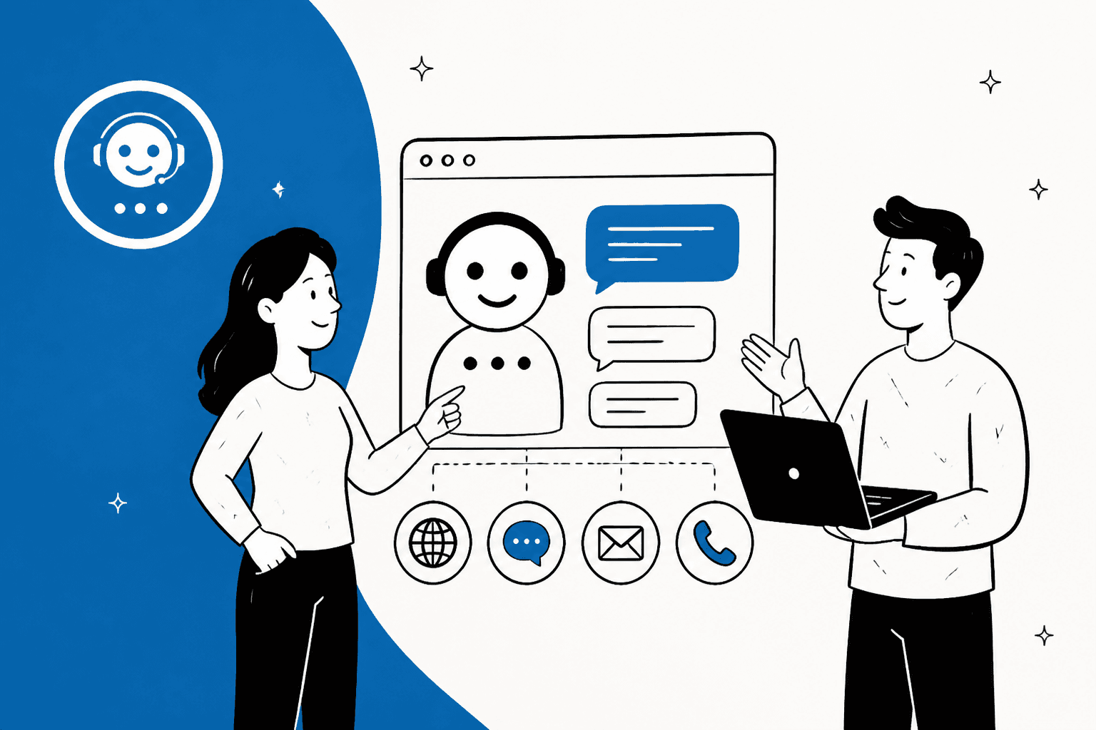 Hero-Banner zum WPBot-Test: eine handgezeichnete Frau und ein Mann neben einem großen Browserfenster mit einem lächelnden Chatbot mit Headset, Chatblasen und Kanalsymbolen für Web, Chat, E-Mail und Telefon, dazu das WPBot-Logo auf blauem Hintergrund