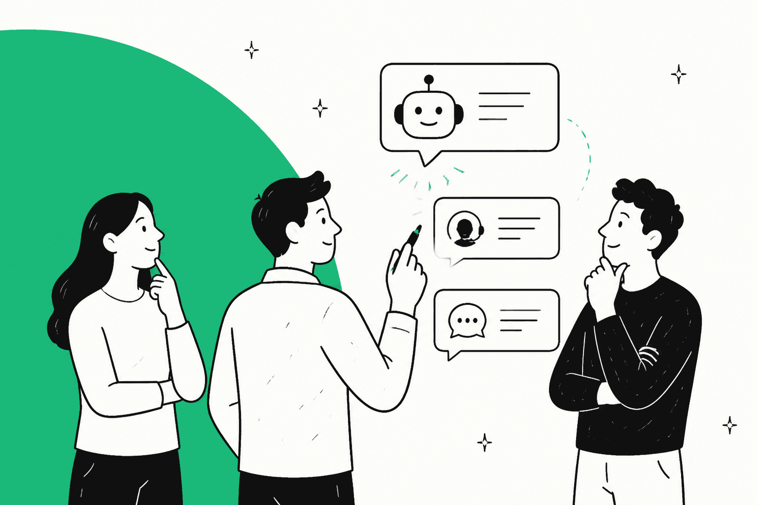 Illustration dessinée à la main de trois personnes qui comparent des options de chat, avec un message de bot, un message d'un agent humain et une bulle de chat empilés à côté d'elles sur une forme verte