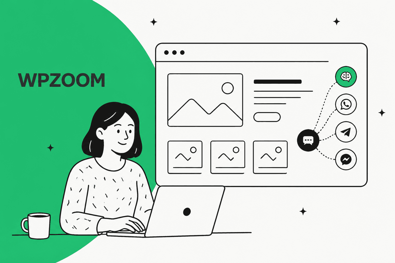 WPZOOM Connect review hero banner in green, a woman at a laptop next to a website mockup whose round chat button fans out into AI chat, WhatsApp, Telegram and Messenger buttons, with the WPZOOM wordmark