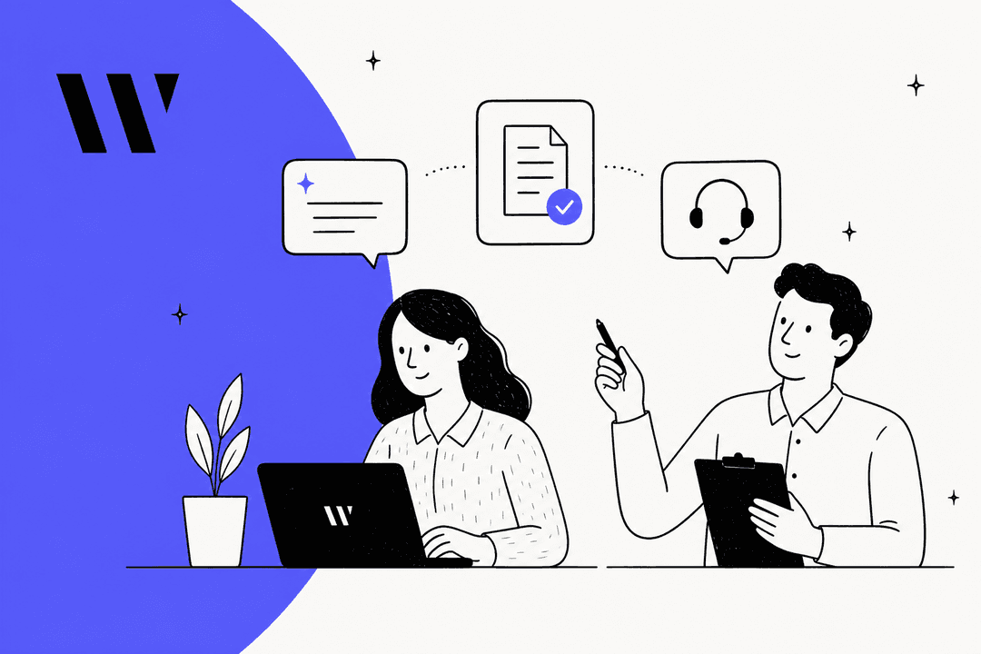 Hand-drawn pair of coworkers at a laptop and clipboard beside a blue half circle with the Writer logo