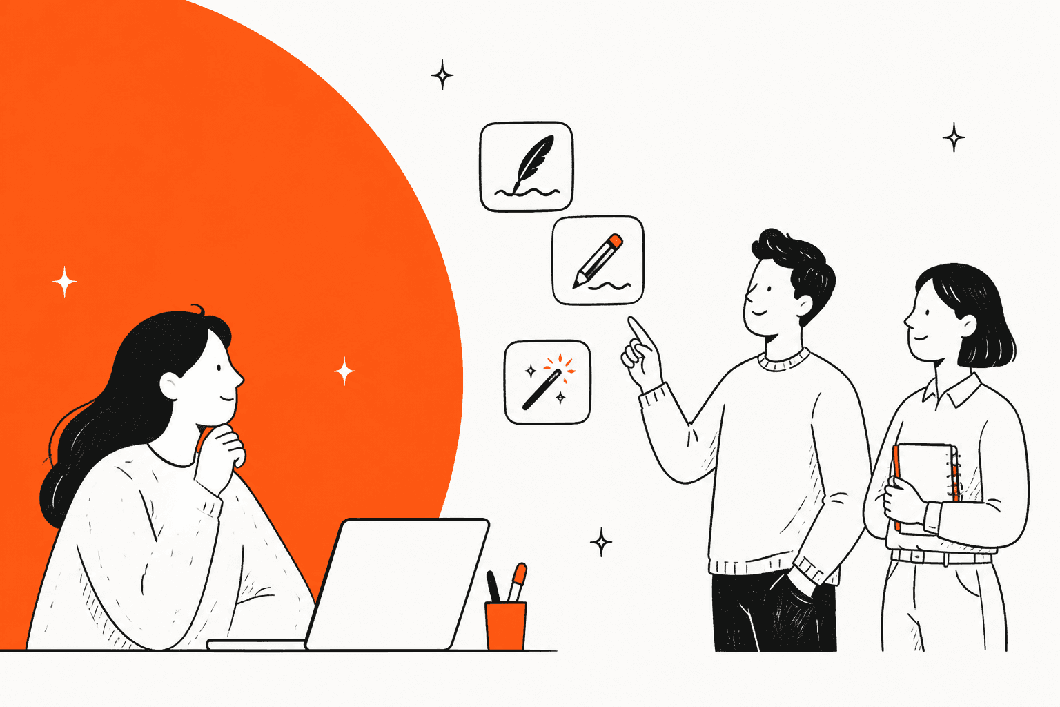 Hand-drawn illustration of three colleagues comparing AI writing tools beside an orange color block