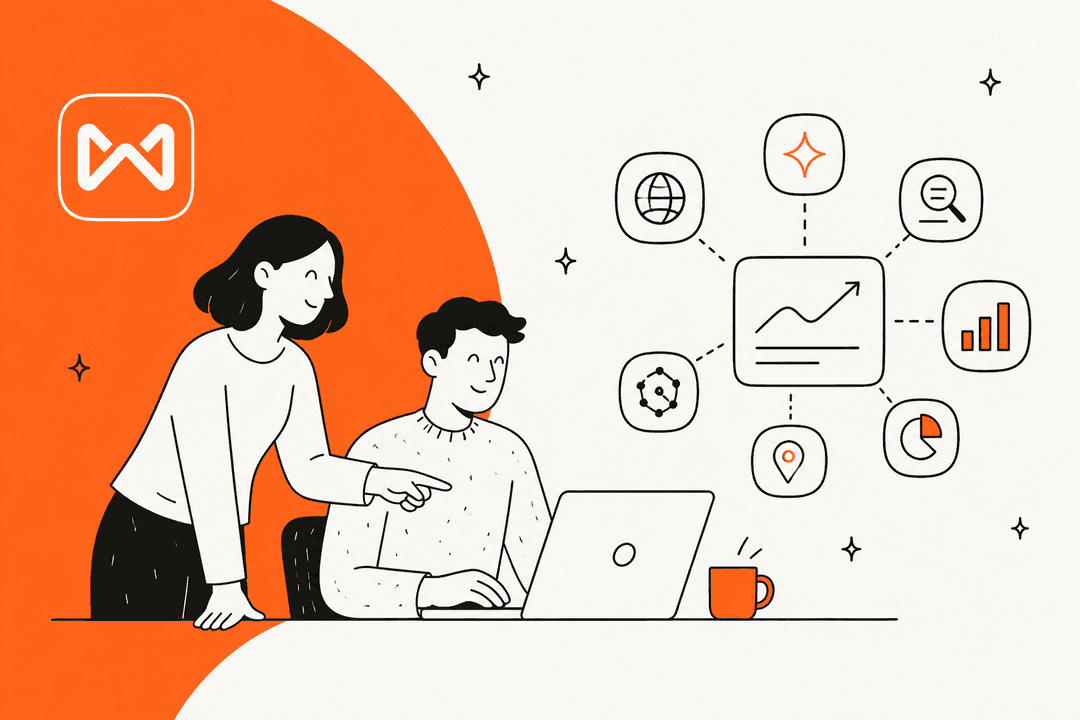 Hand-drawn illustration of two colleagues reviewing an AI search visibility dashboard beside the Writesonic logo