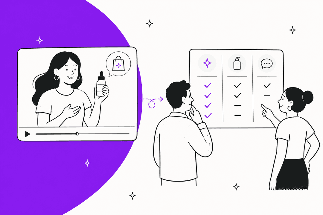 Zellor alternatives hero banner, a hand-drawn creator holding a serum inside a video player on a violet background, while two people compare options on a checklist board