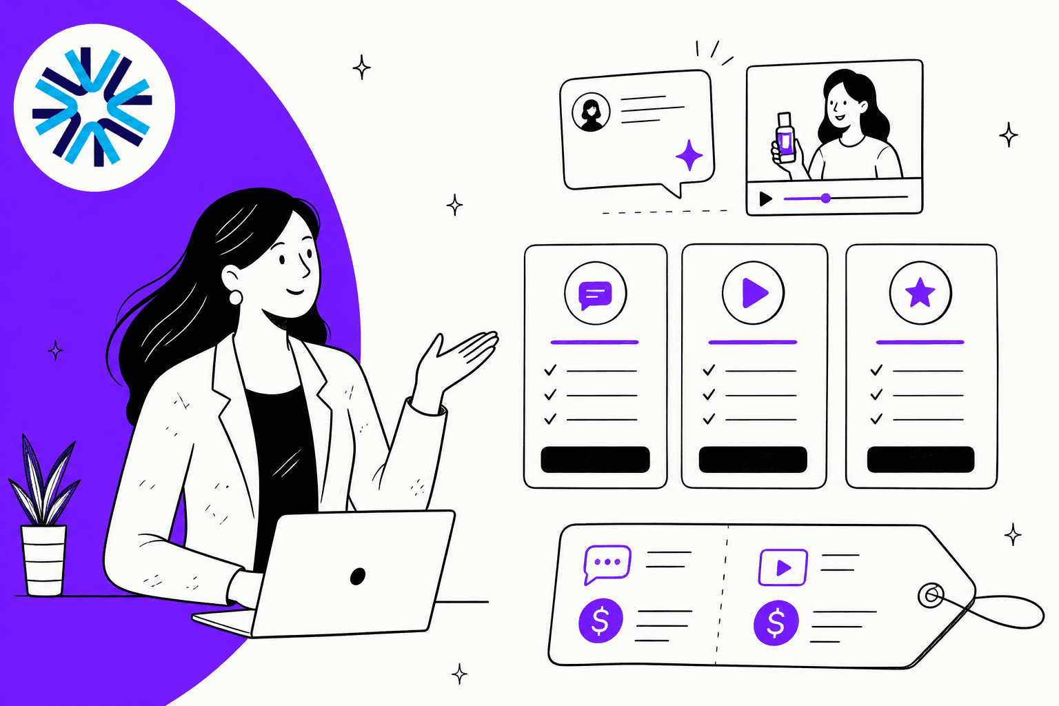 Zellor pricing hero banner, a hand-drawn woman at a laptop presenting three plan cards, a chat bubble, a product video and a price tag with chat and video icons, on a violet background