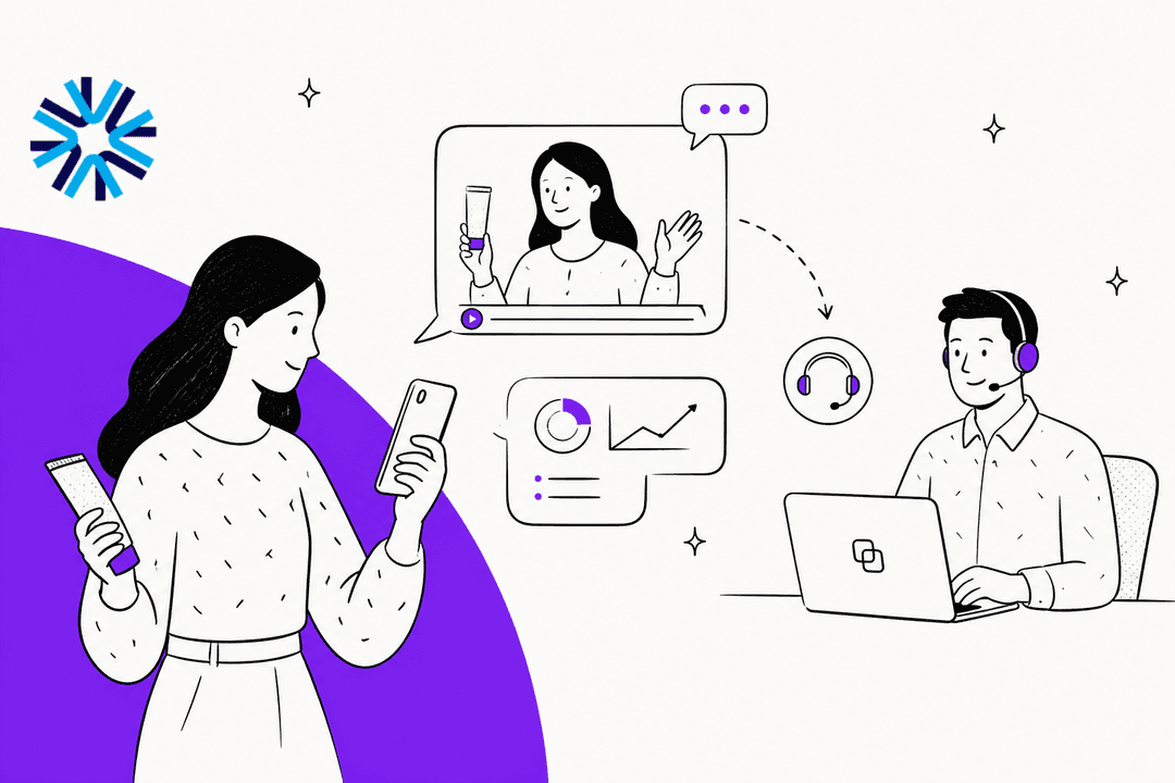 Zellor review hero banner, a hand-drawn shopper holding a skincare tube and a phone while a product video plays in a chat bubble and a support agent with a headset waits at a laptop, on a violet background