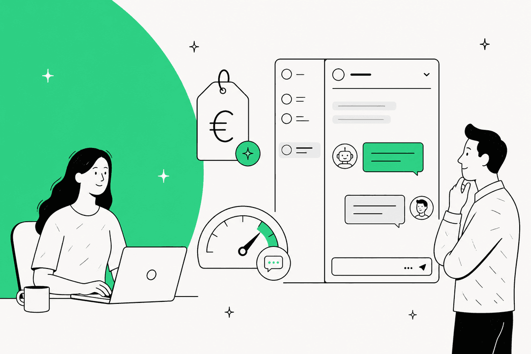 Hand-drawn hero banner in green: a support agent at a laptop, a euro price tag, a usage meter with a chat bubble, and a helpdesk ticket with a chatbot answering in the sidebar