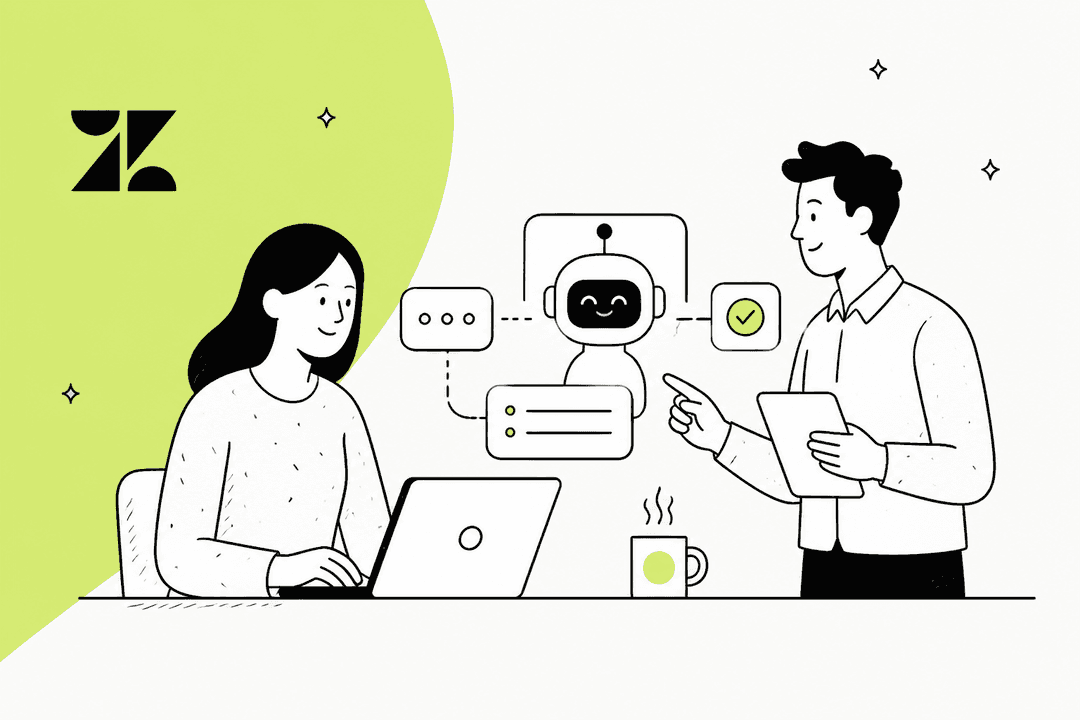 Hand-drawn illustration of two support agents and a smiling AI agent beside the Zendesk logo