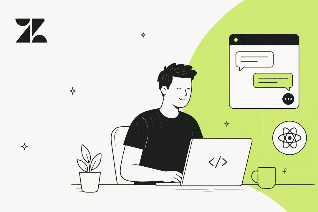Illustration of a developer at a laptop with the Zendesk logo, a chat window and the React logo