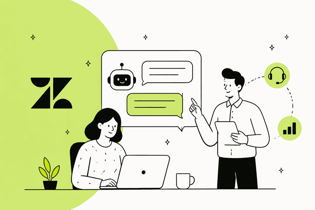 Illustration of two support teammates working beside a chatbot window and the Zendesk logo