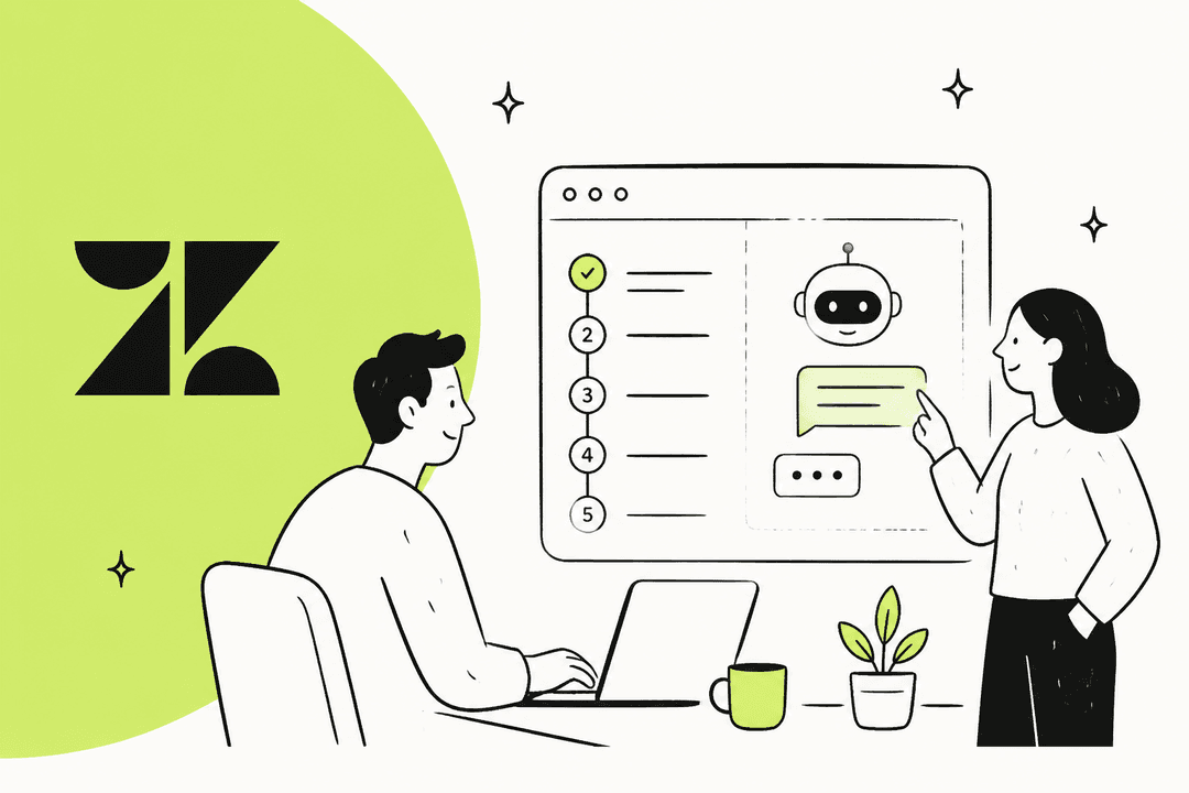 Illustration of two support teammates reviewing a numbered setup checklist and a chatbot beside the Zendesk logo
