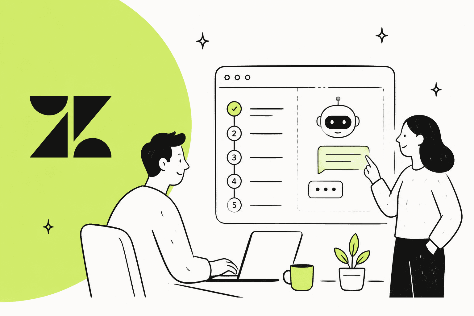 Illustration of two support teammates reviewing a numbered setup checklist and a chatbot beside the Zendesk logo