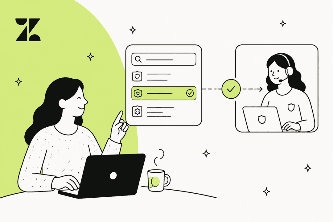 Hand-drawn illustration of a person at a laptop picking a verified entry from a support directory, which connects to an official support agent, next to the Zendesk logo