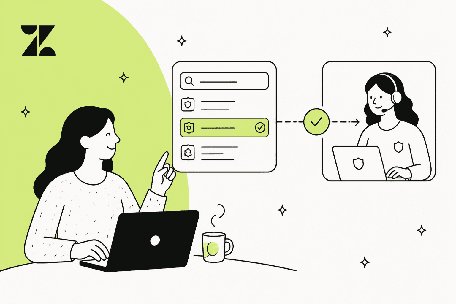 Hand-drawn illustration of a person at a laptop picking a verified entry from a support directory, which connects to an official support agent, next to the Zendesk logo