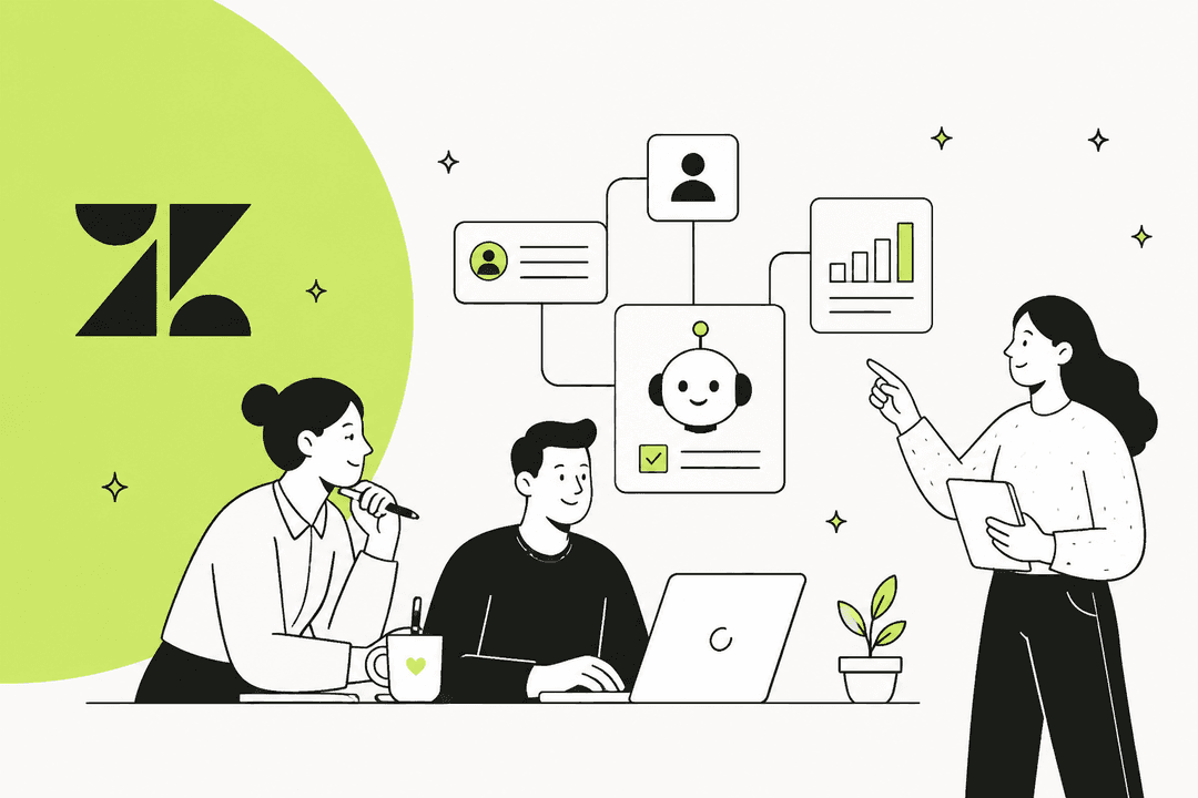 Support team reviewing Zendesk plans and AI add-ons beside the Zendesk logo