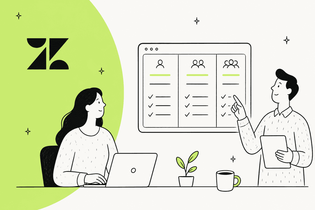 Two support agents reviewing Zendesk pricing plans beside the Zendesk logo