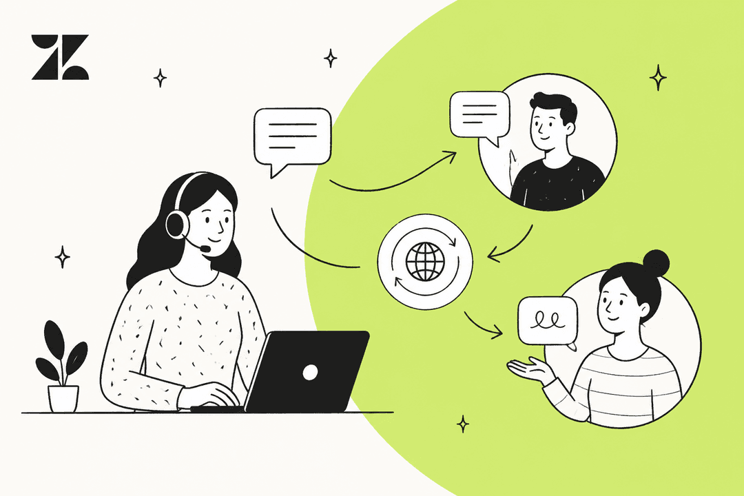 Hand-drawn illustration of a support agent with a headset at a laptop, with speech bubbles passing through a globe icon to two customers, next to the Zendesk logo