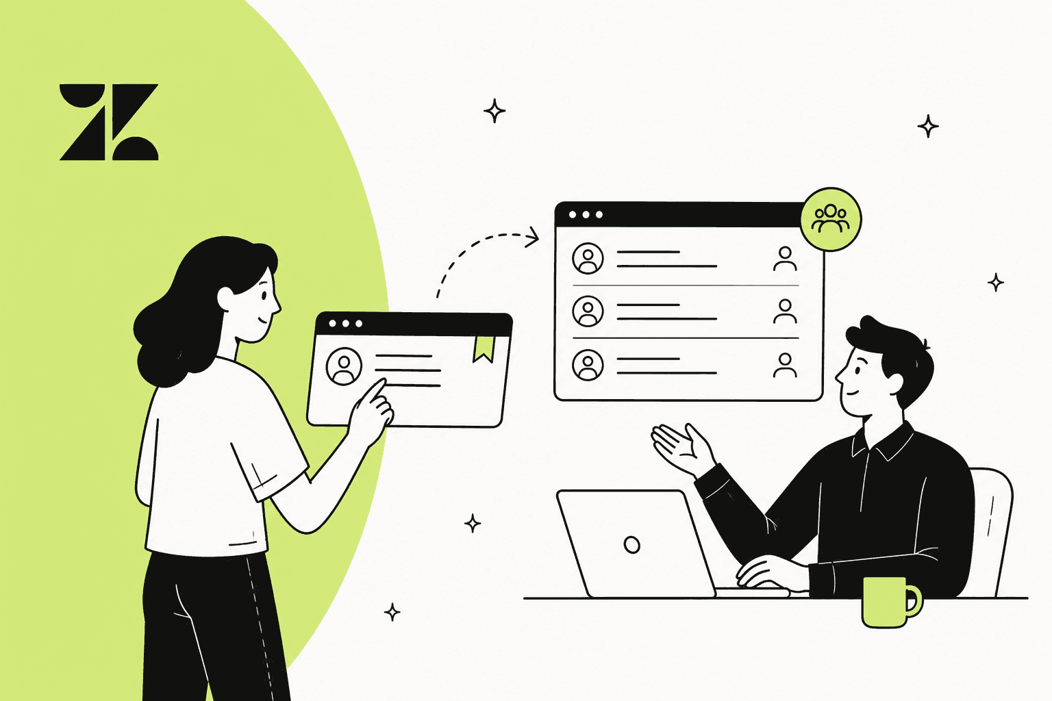 Hand-drawn illustration of an agent handing a personal ticket view over to a team shared view in Zendesk