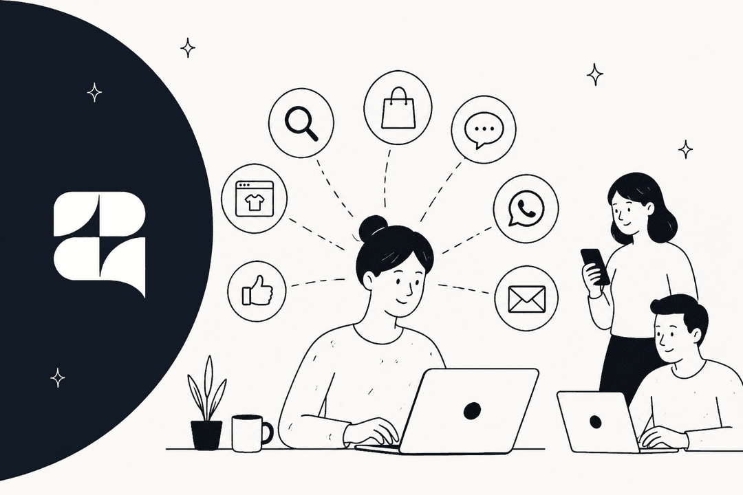 Hand-drawn store owner at a laptop surrounded by icons for search, shopping bag, chat, WhatsApp, email and reviews, with two teammates on their devices, next to the Zipchat logo on a dark navy shape