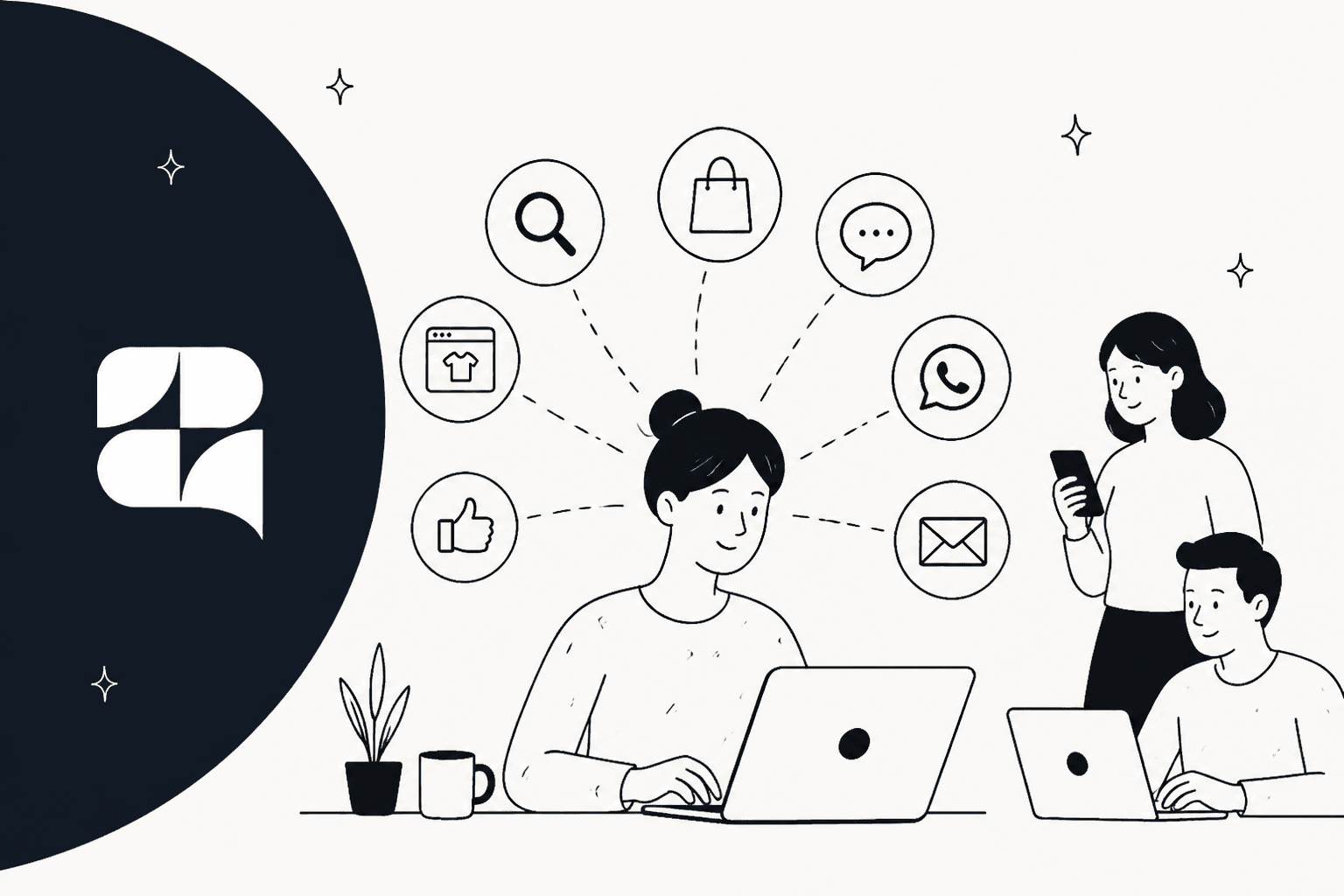Hand-drawn store owner at a laptop surrounded by icons for search, shopping bag, chat, WhatsApp, email and reviews, with two teammates on their devices, next to the Zipchat logo on a dark navy shape