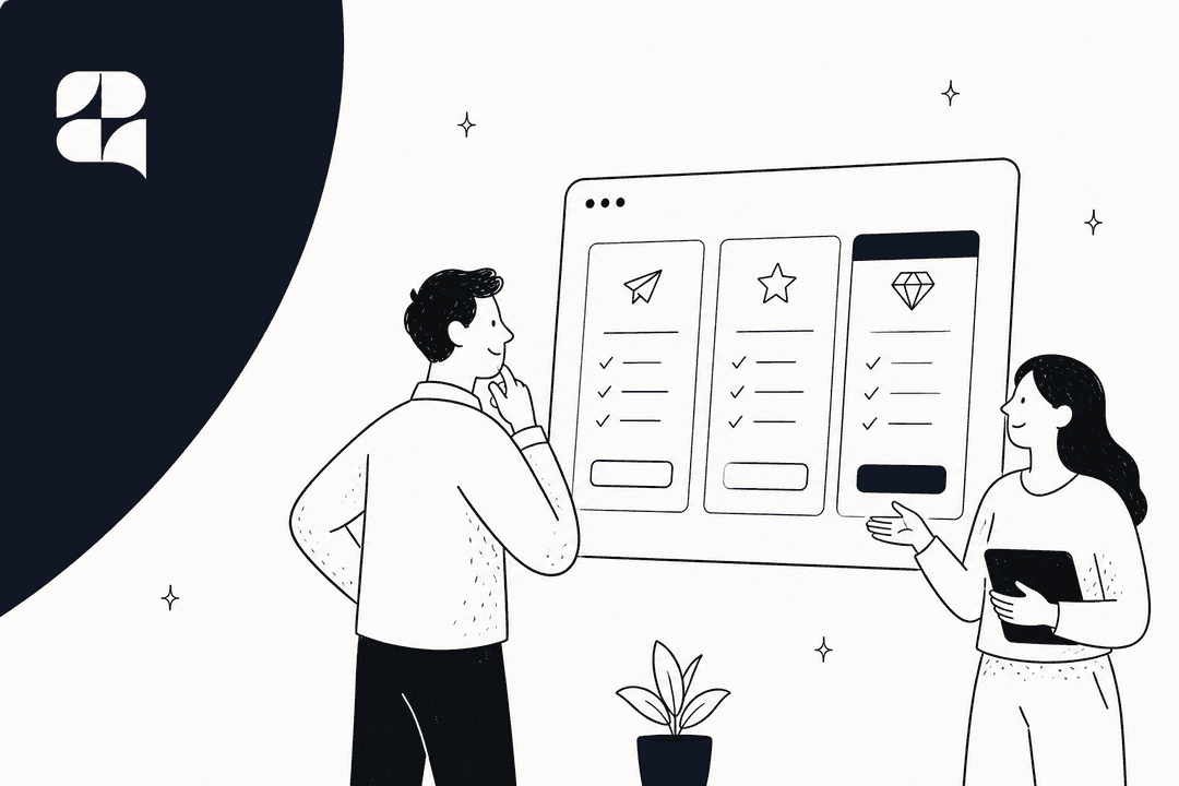 Zipchat pricing hero banner, a hand-drawn man and woman looking at a board of three pricing plan cards next to the Zipchat logo on an off-white and navy background