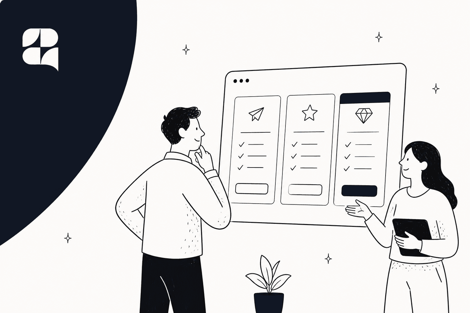 Zipchat pricing hero banner, a hand-drawn man and woman looking at a board of three pricing plan cards next to the Zipchat logo on an off-white and navy background