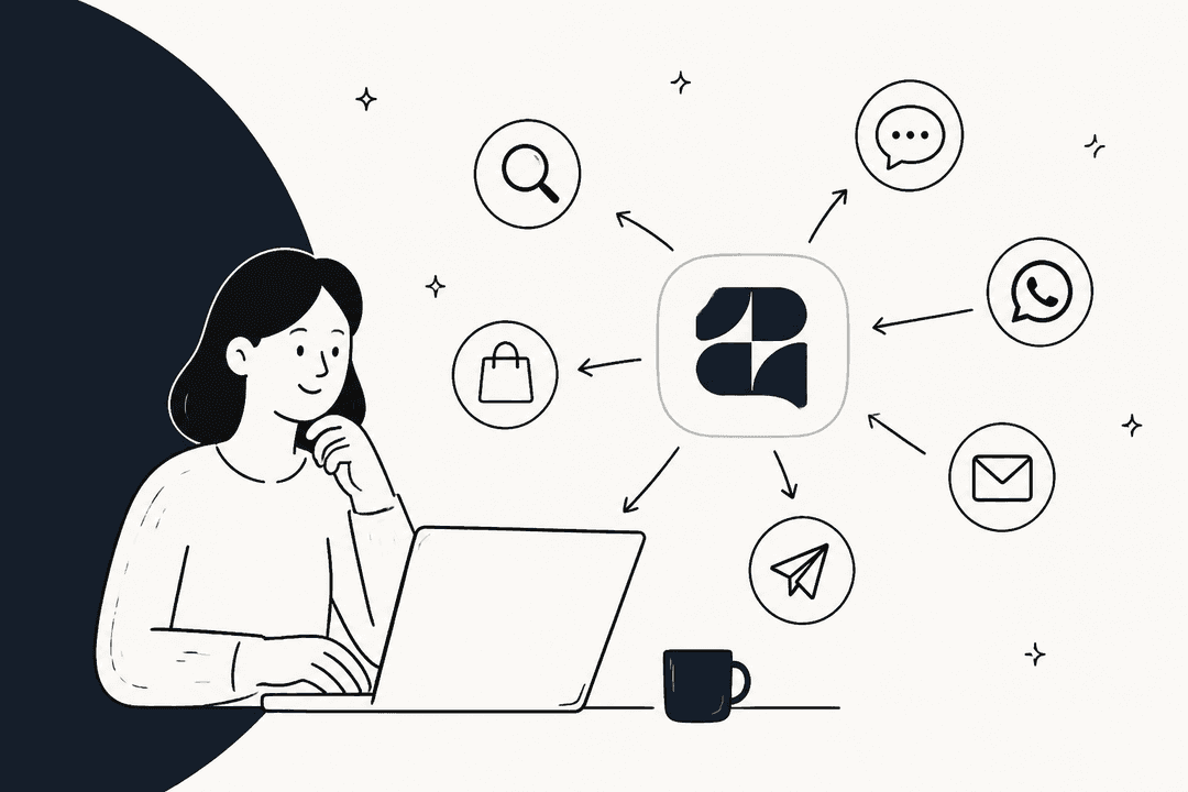 Zipchat review hero banner, a hand-drawn woman at a laptop next to the Zipchat logo, with search, shopping bag, chat, WhatsApp, email and send icons around it on an off-white and navy background