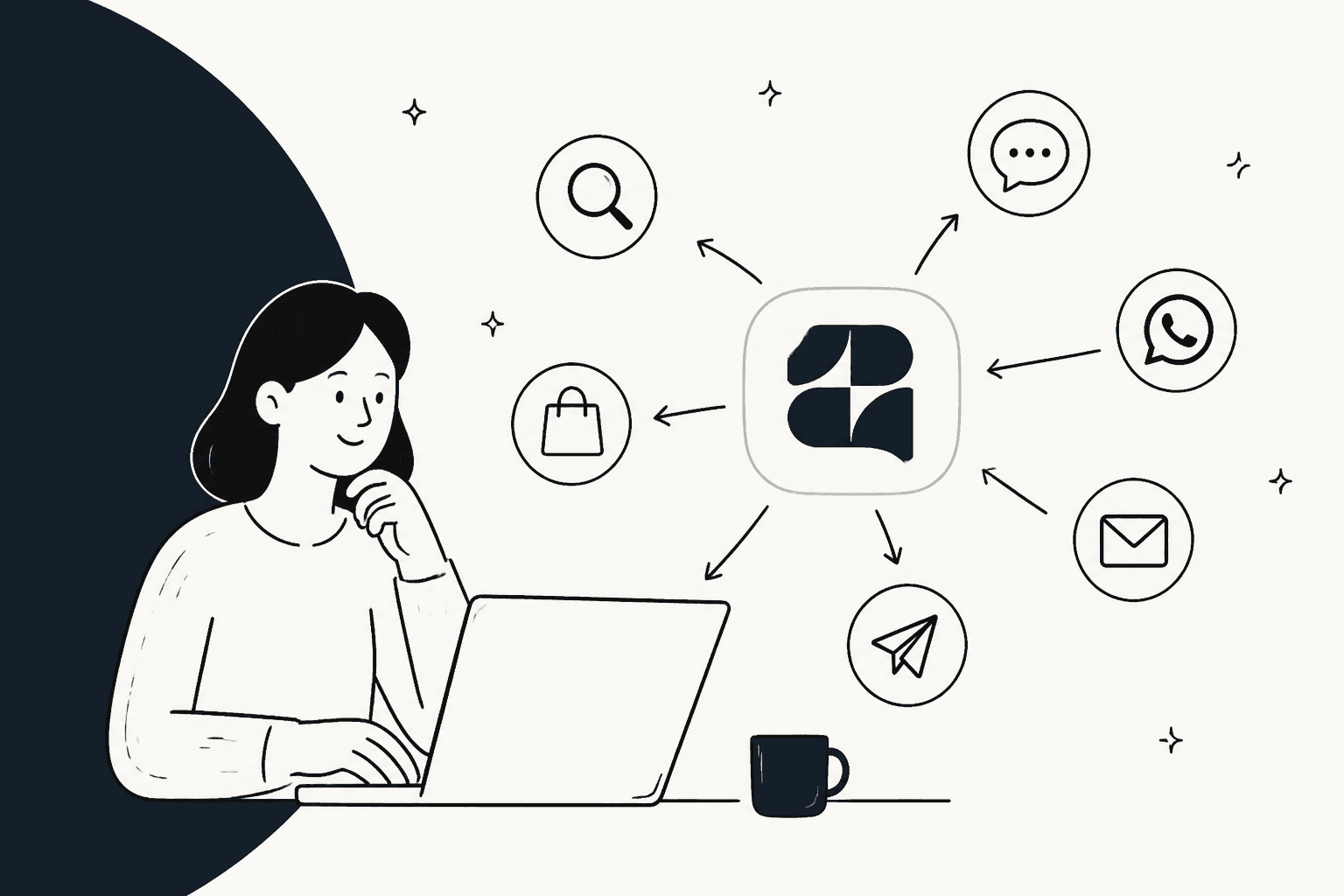 Zipchat review hero banner, a hand-drawn woman at a laptop next to the Zipchat logo, with search, shopping bag, chat, WhatsApp, email and send icons around it on an off-white and navy background