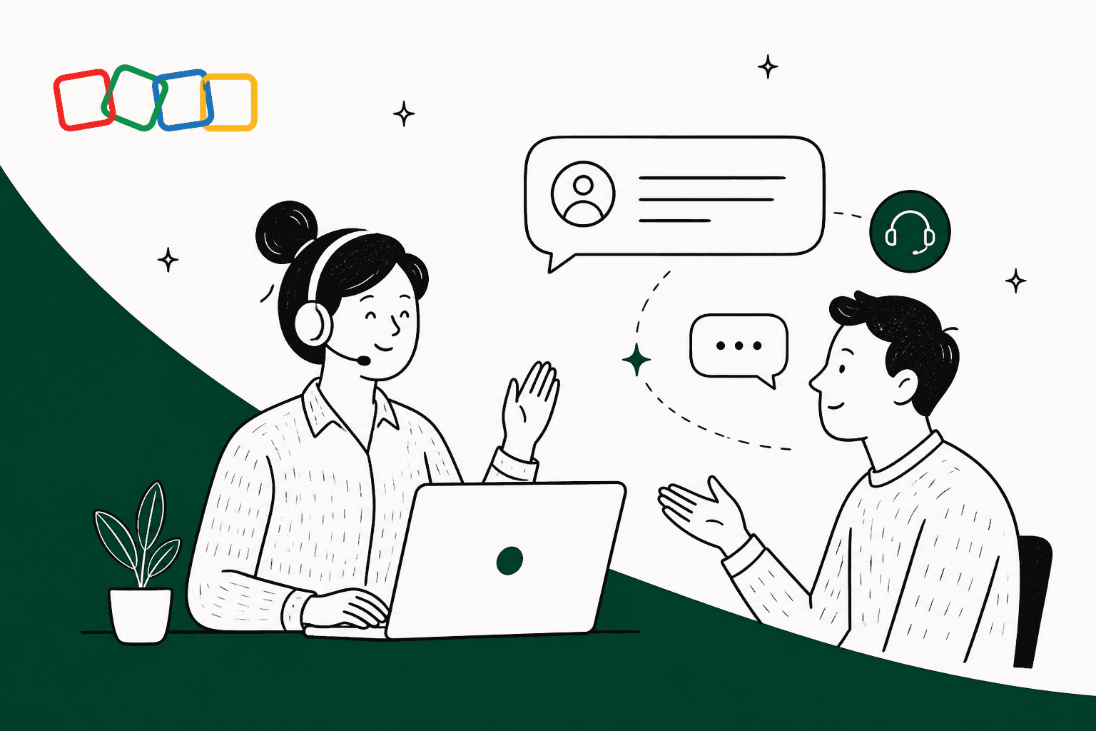Hand-drawn illustration of a support agent and a customer talking, with chat bubbles and the Zoho logo on a green background
