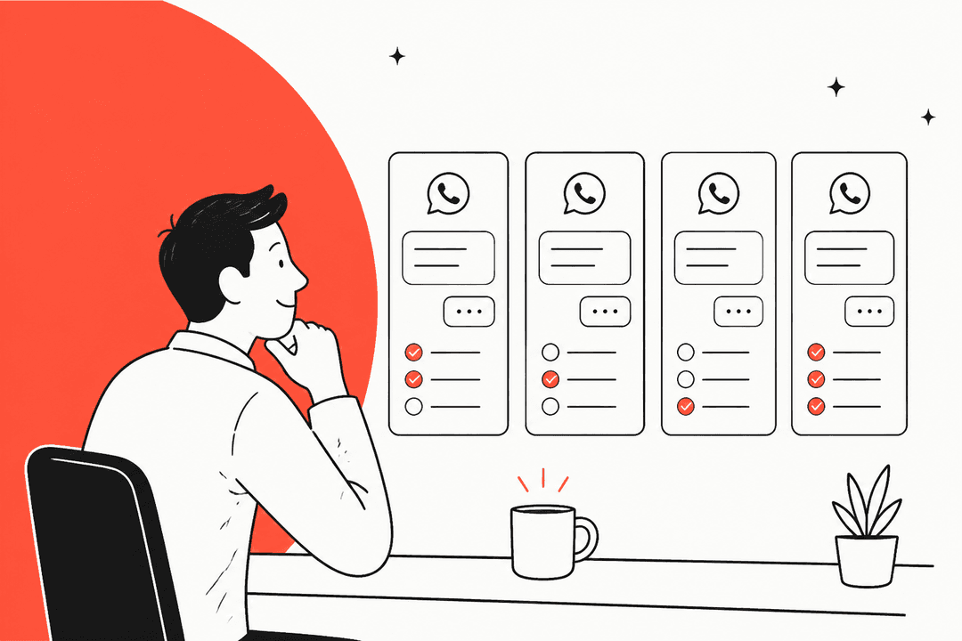 Hand-drawn store owner at a desk comparing four WhatsApp chat tool cards side by side, each with a different set of ticked features, on a coral background