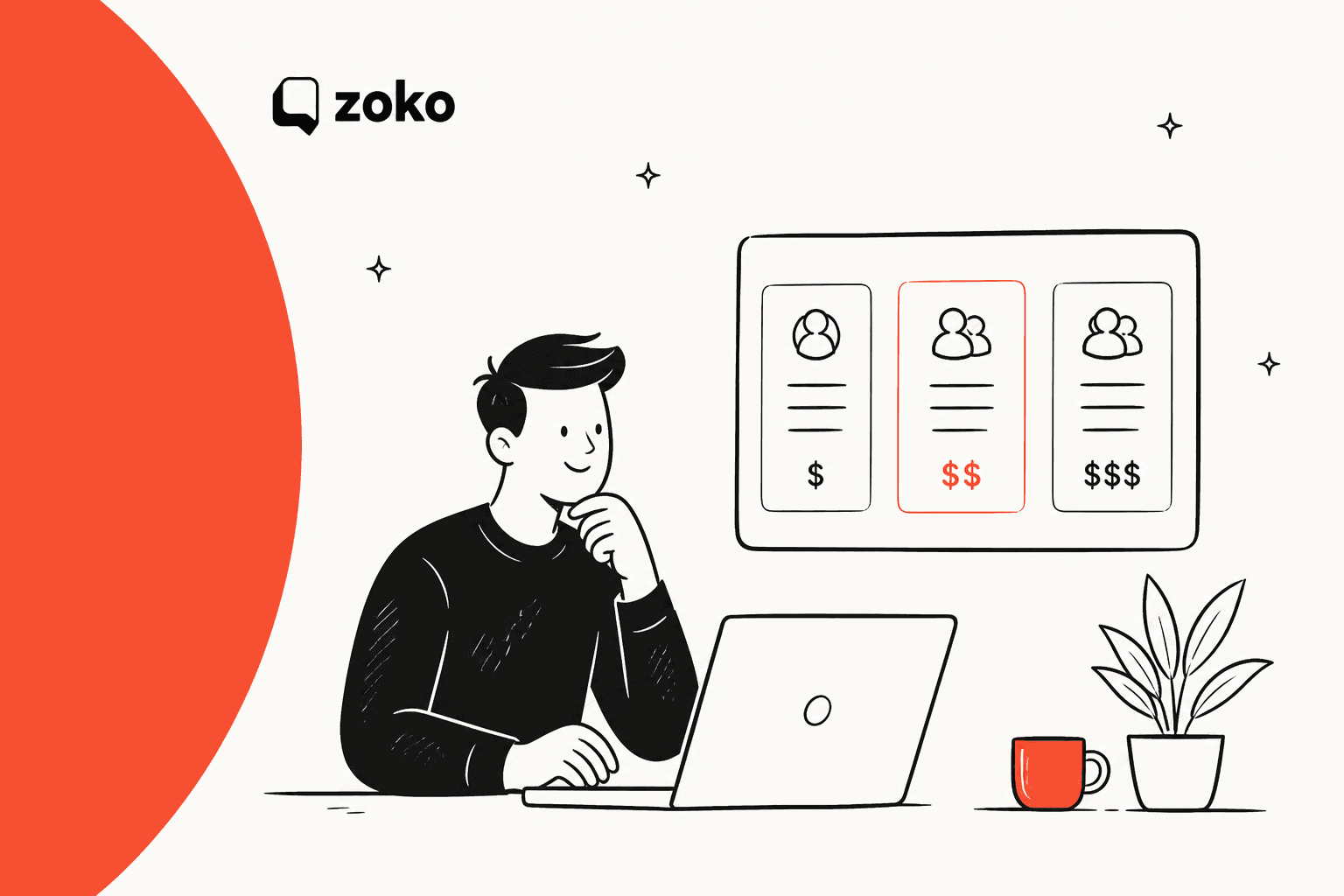 Hand-drawn illustration of a person at a laptop comparing three pricing cards, with the Zoko logo and a coral shape