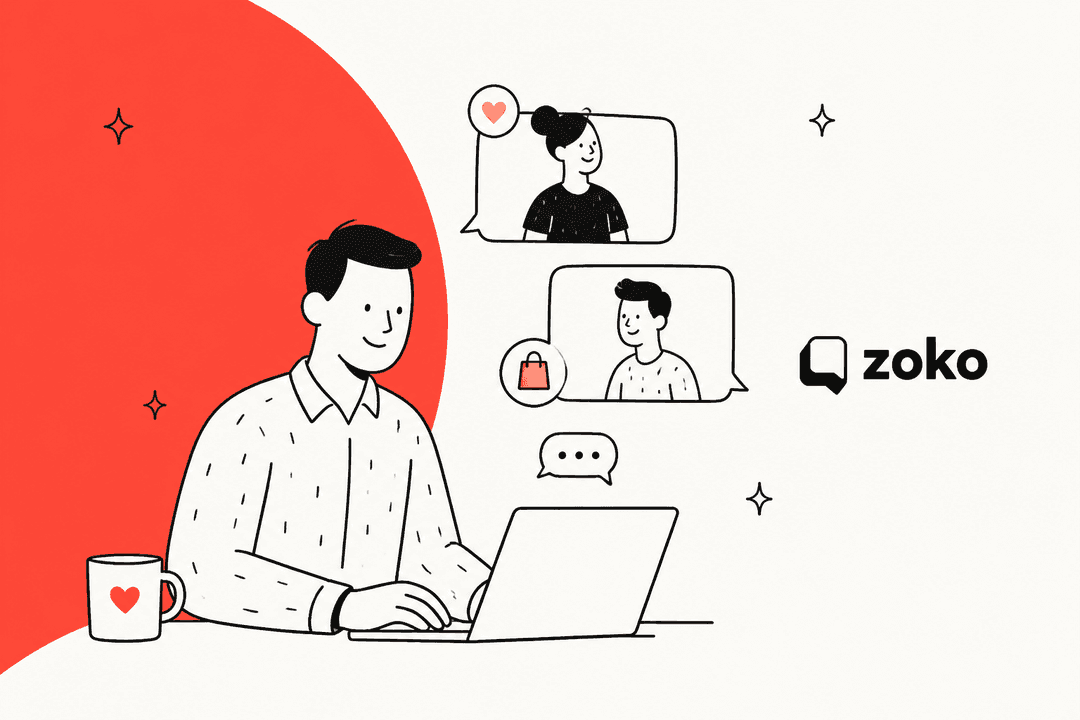 Zoko review hero banner, a hand-drawn store owner at a laptop answering customer chat bubbles with a heart and a shopping bag, beside the Zoko logo on a coral red background