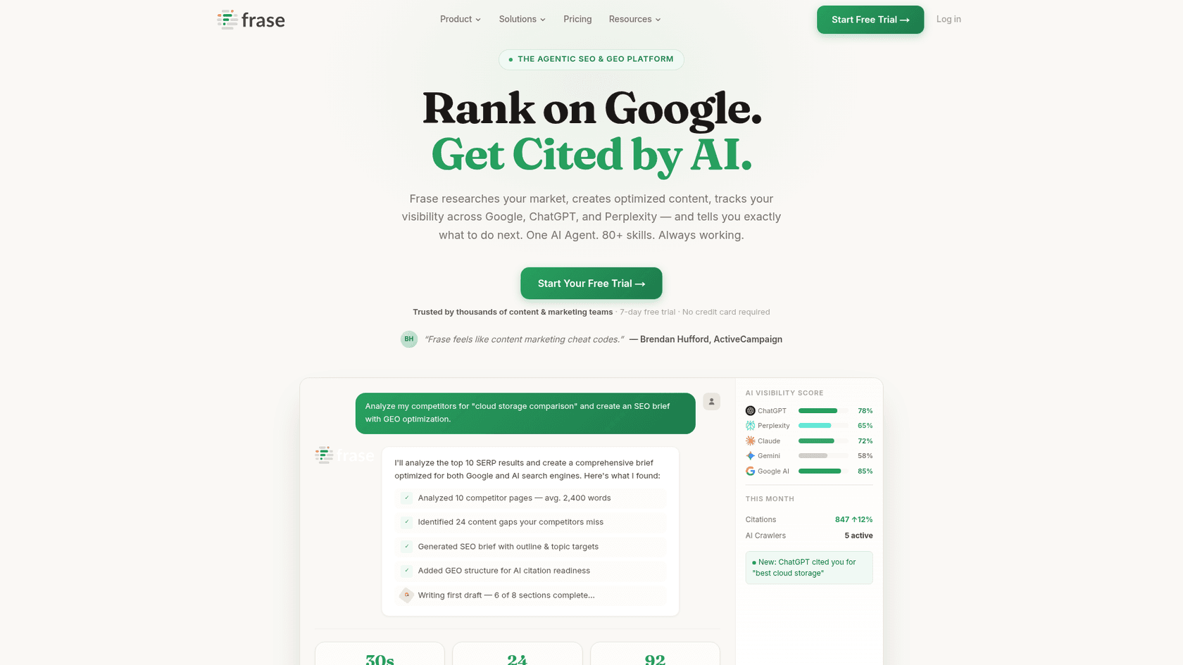 Frase-Startseite mit "Rank on Google. Get Cited by AI."