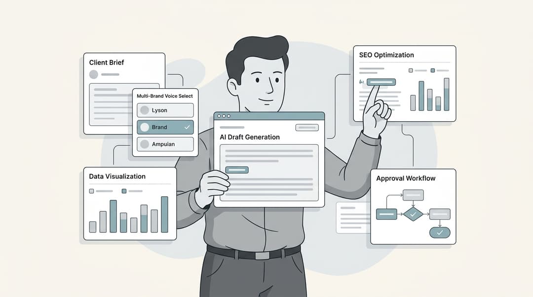 Redaktionelle Illustration eines Agentur-Content-Workspaces mit Brief-, Draft-, Optimization- und Publishing-Panels, die in einem Workflow verbunden sind