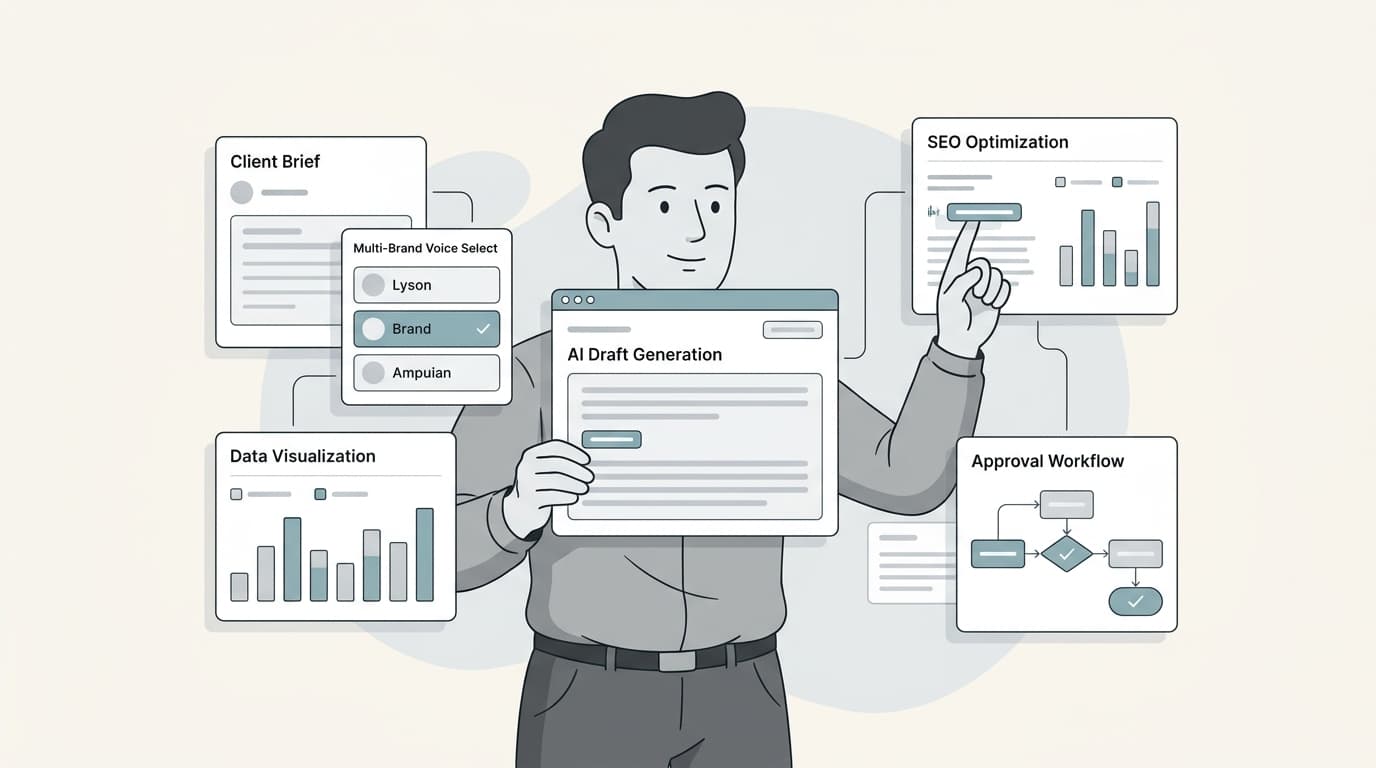 Redaktionelle Illustration eines Agentur-Content-Workspaces mit Brief-, Draft-, Optimization- und Publishing-Panels, die in einem Workflow verbunden sind