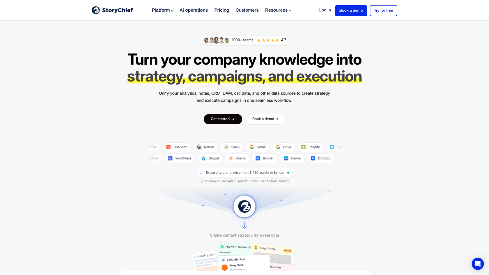 StoryChief-Startseite mit "Turn your company knowledge into strategy, campaigns, and execution"