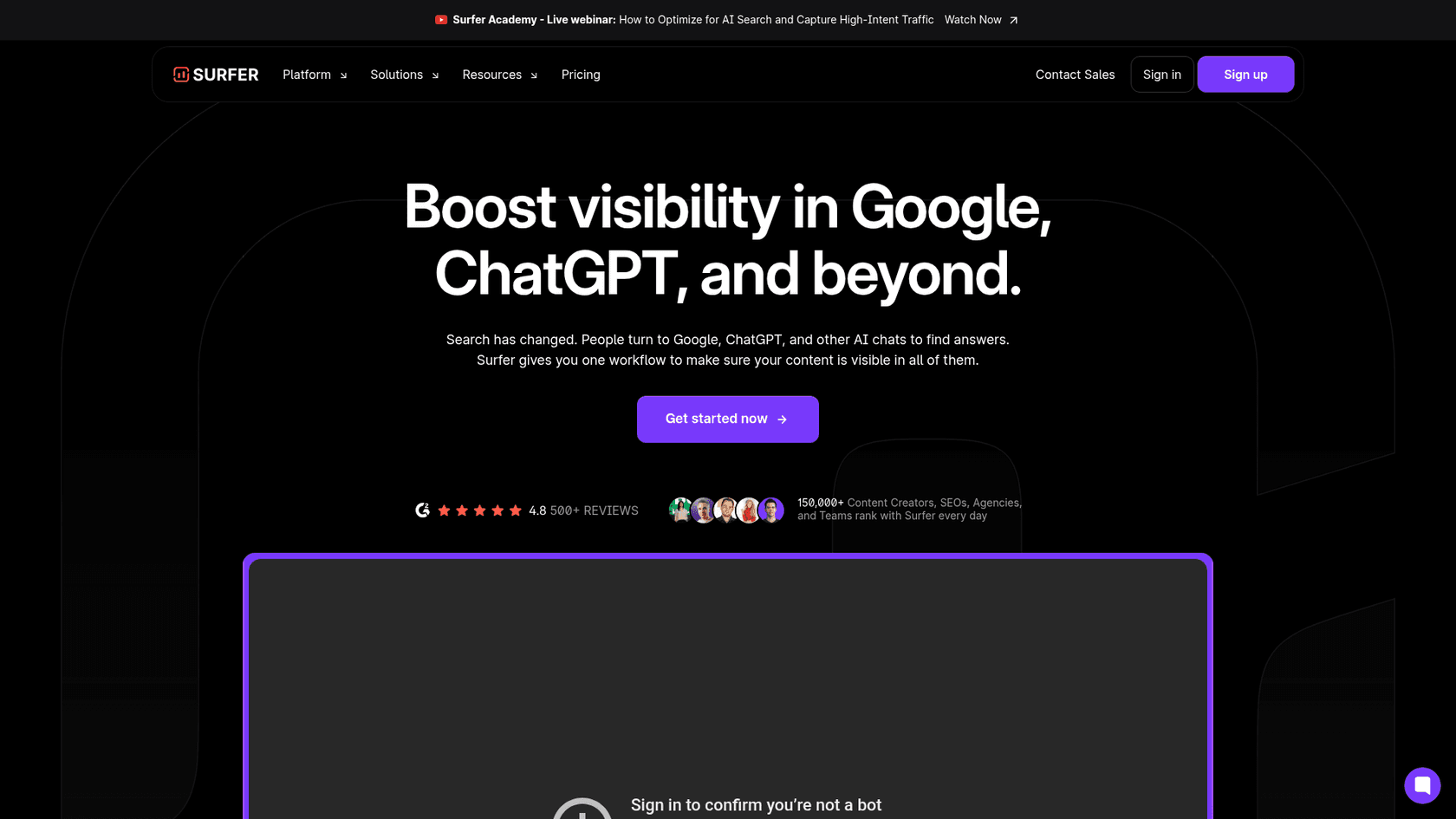 Surfer-SEO-Startseite mit "Boost visibility in Google, ChatGPT, and beyond"