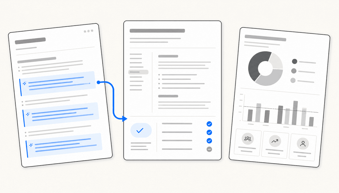 Herramientas de escritura con IA para equipos de RRHH: paneles de documentos flotantes que muestran descripciones de puestos, documentos de política y listas de verificación de incorporación siendo redactados con asistencia de IA