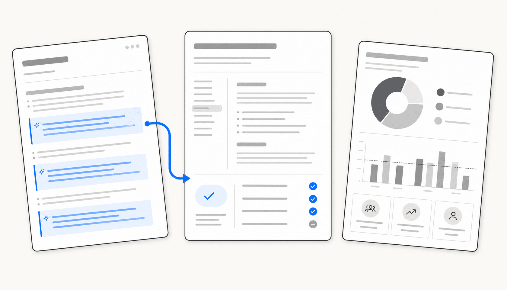 Herramientas de escritura con IA para equipos de RRHH: paneles de documentos flotantes que muestran descripciones de puestos, documentos de política y listas de verificación de incorporación siendo redactados con asistencia de IA